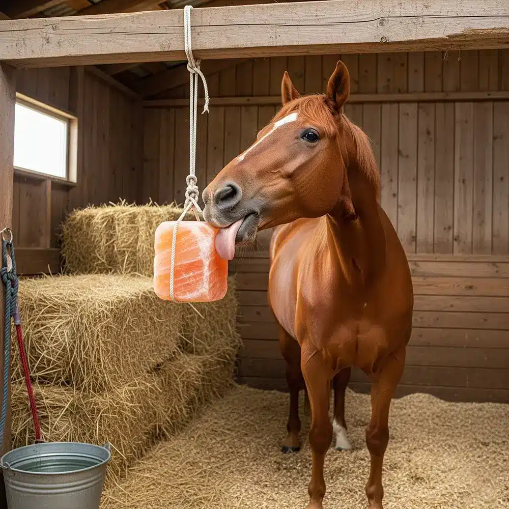 Horse licking salt block